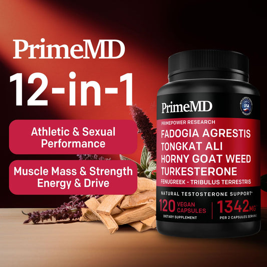 PrimeMD Turkesterone capsules close-up highlighting herbal blend for endurance.