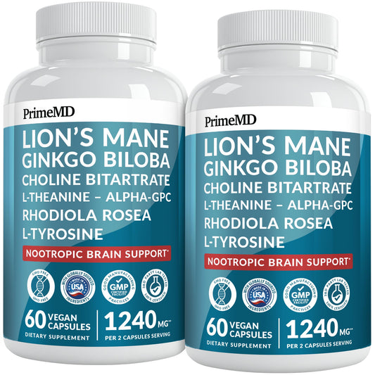 PrimeMD 14-in-1 Lions Mane capsules on a desk for daily focus and memory support.