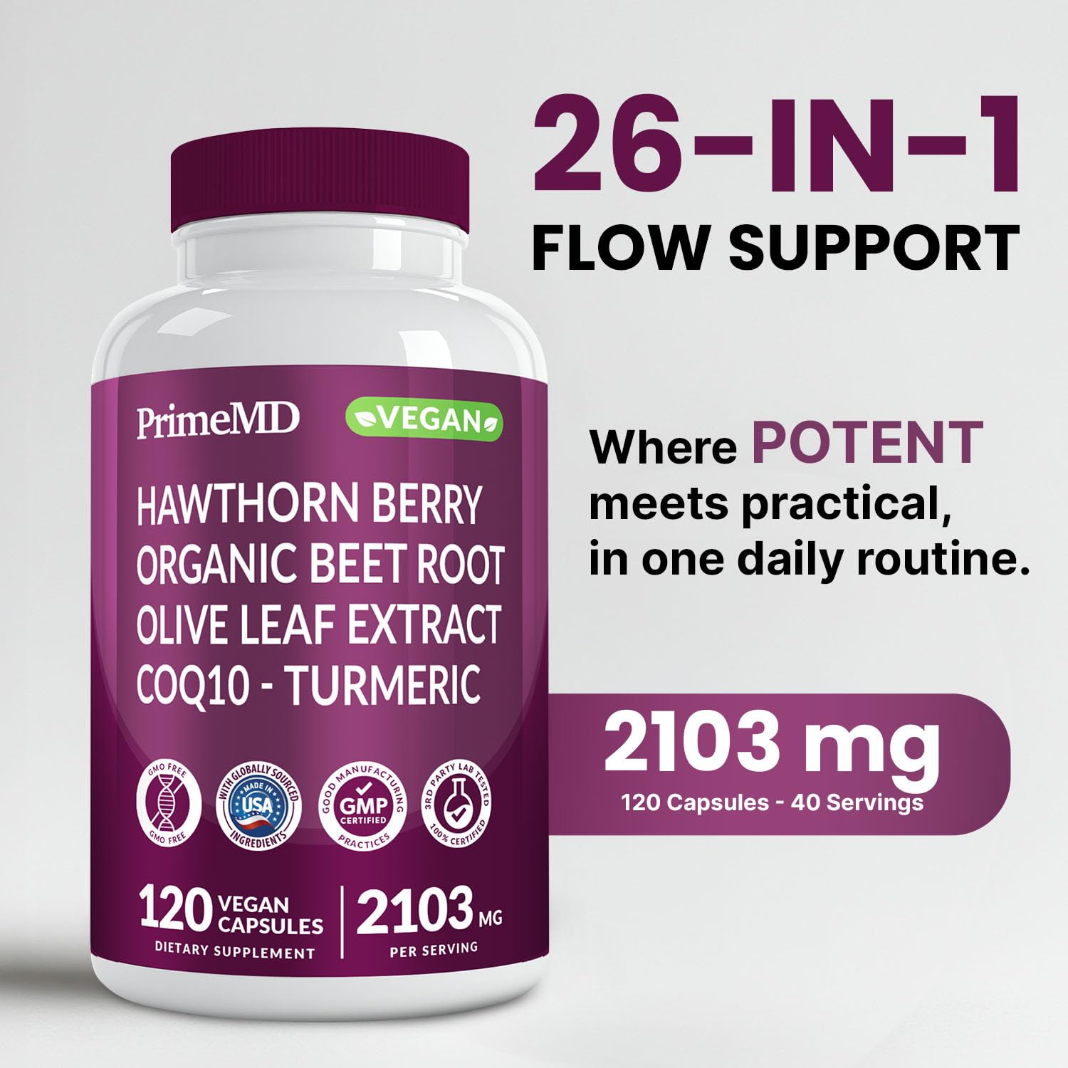 PrimeMD 26-in-1 Nitric Oxide capsules closeup shows convenient daily dosing for active adults.