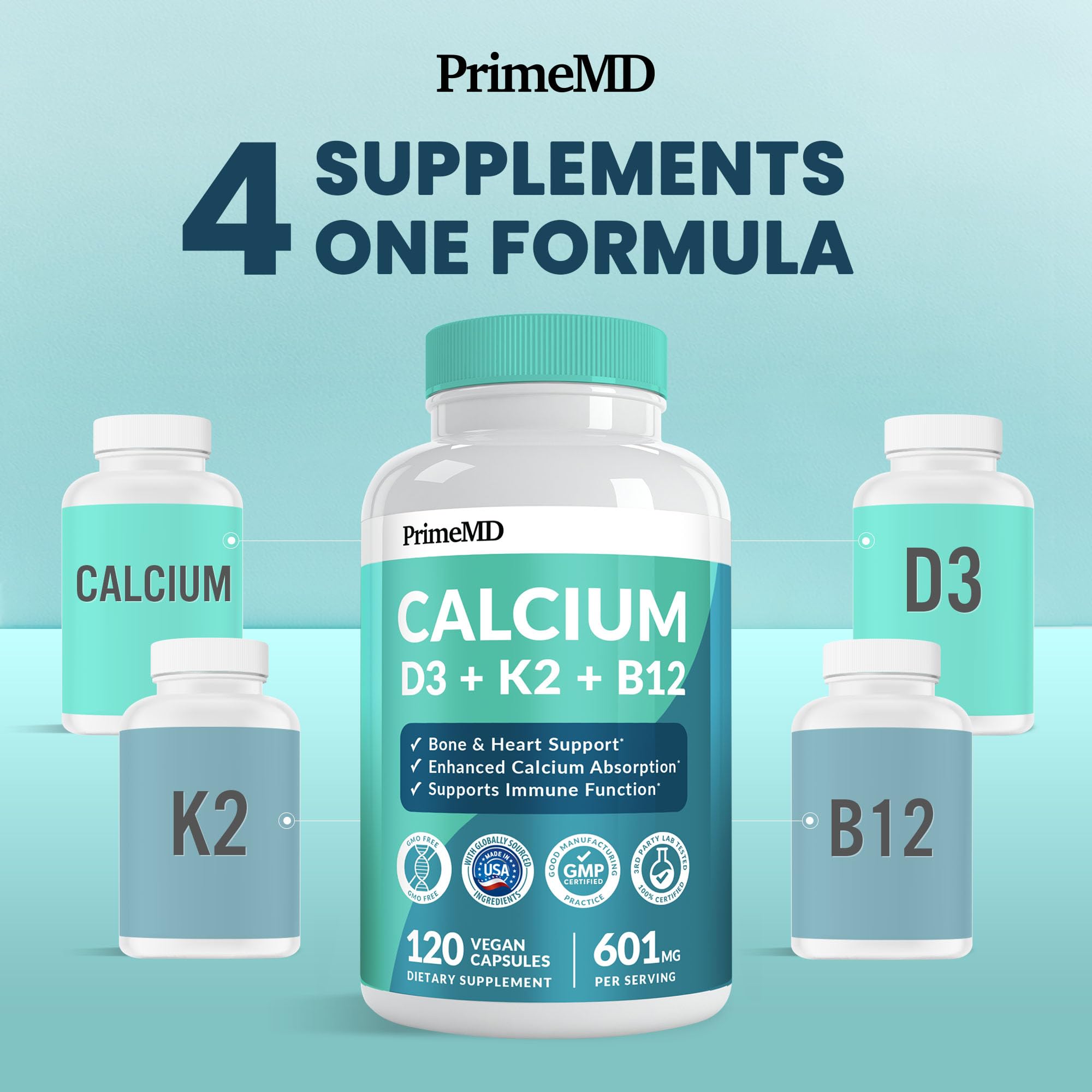 PrimeMD 4-in-1 calcium label close-up highlighting D3 and K2 for bone health.