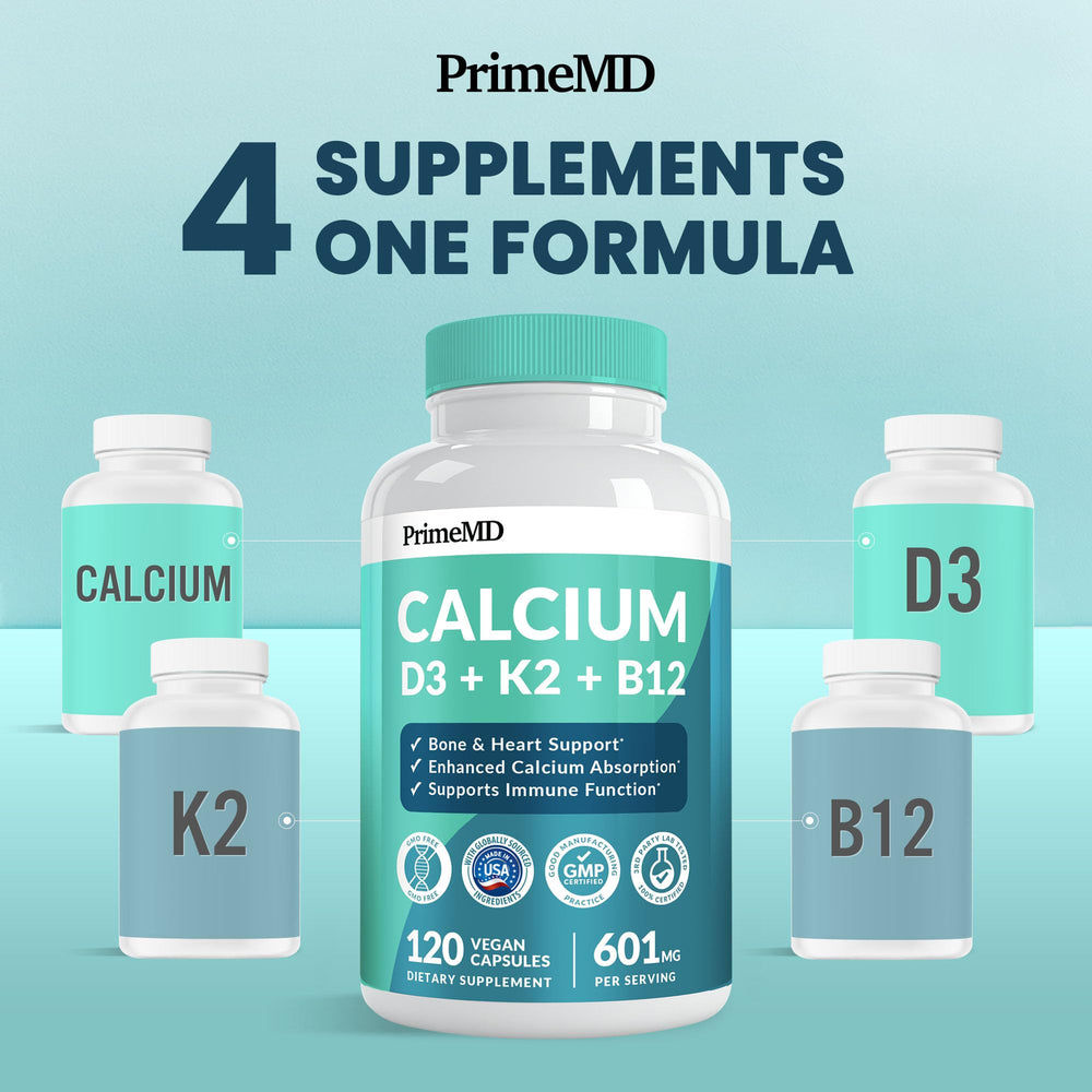 PrimeMD 4-in-1 calcium label close-up highlighting D3 and K2 for bone health.