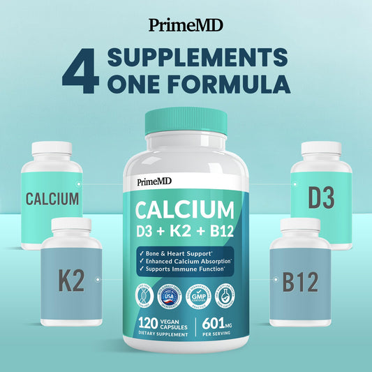 PrimeMD 4-in-1 calcium label close-up highlighting D3 and K2 for bone health.