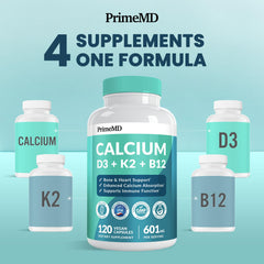 PrimeMD 4-in-1 calcium label close-up highlighting D3 and K2 for bone health.