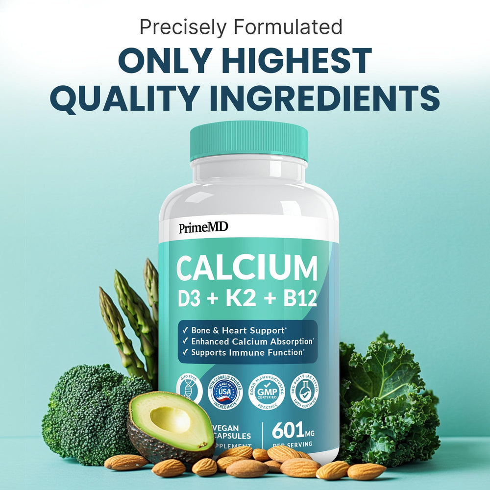 PrimeMD 4-in-1 calcium packaging mockup highlighting heart and bone benefits.