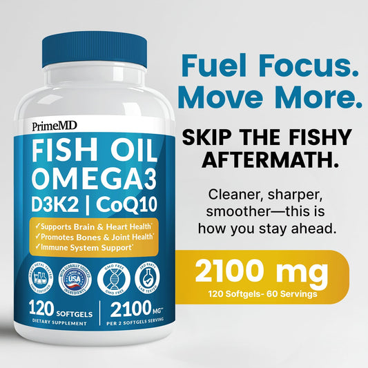 PrimeMD 5-in-1 bottle cap closeup highlights easy-to-swallow softgels