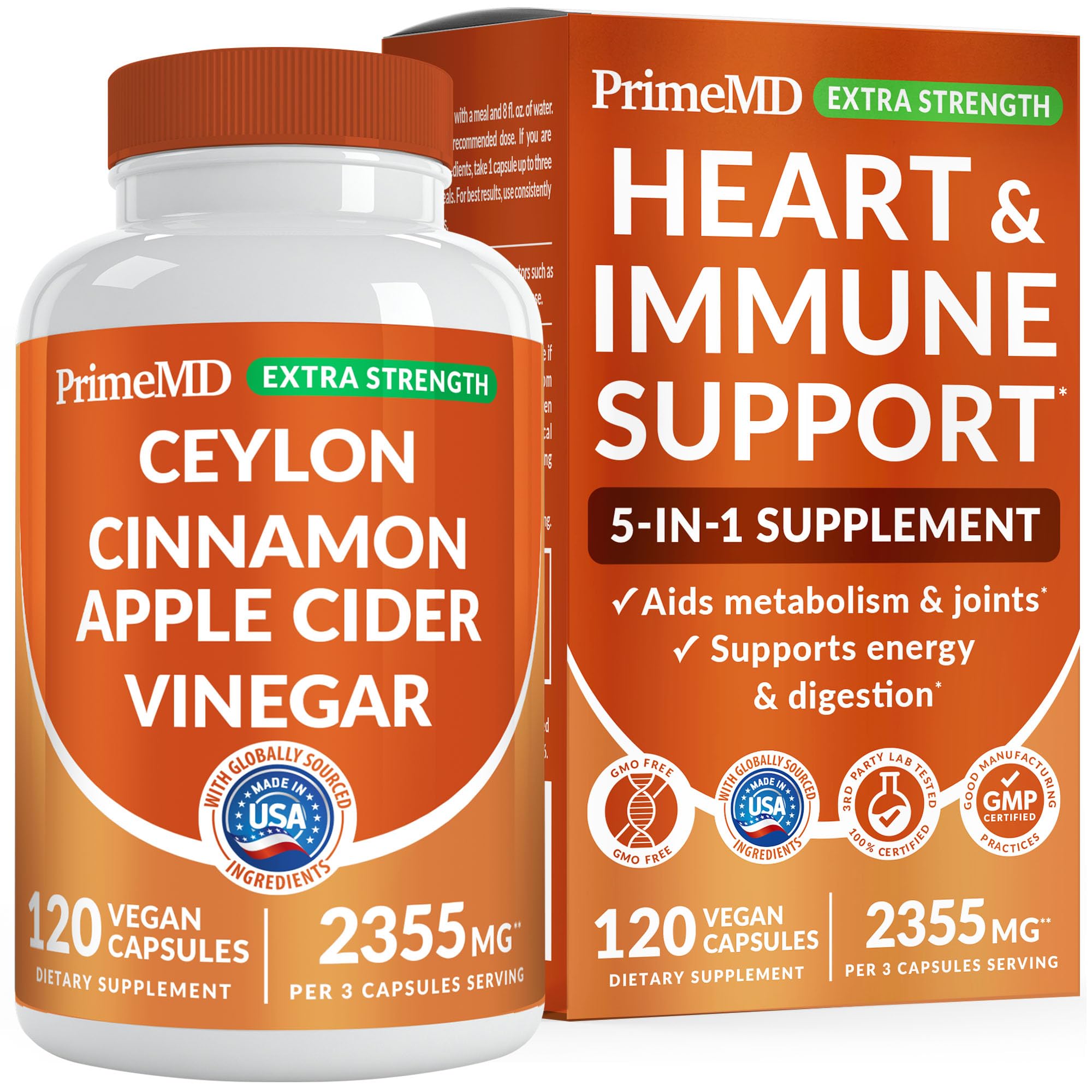 PrimeMD 5-in-1 cinnamon powder bottle highlights organic formula for daily energy