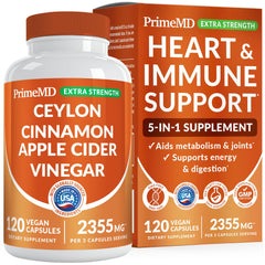 PrimeMD 5-in-1 cinnamon powder bottle highlights organic formula for daily energy