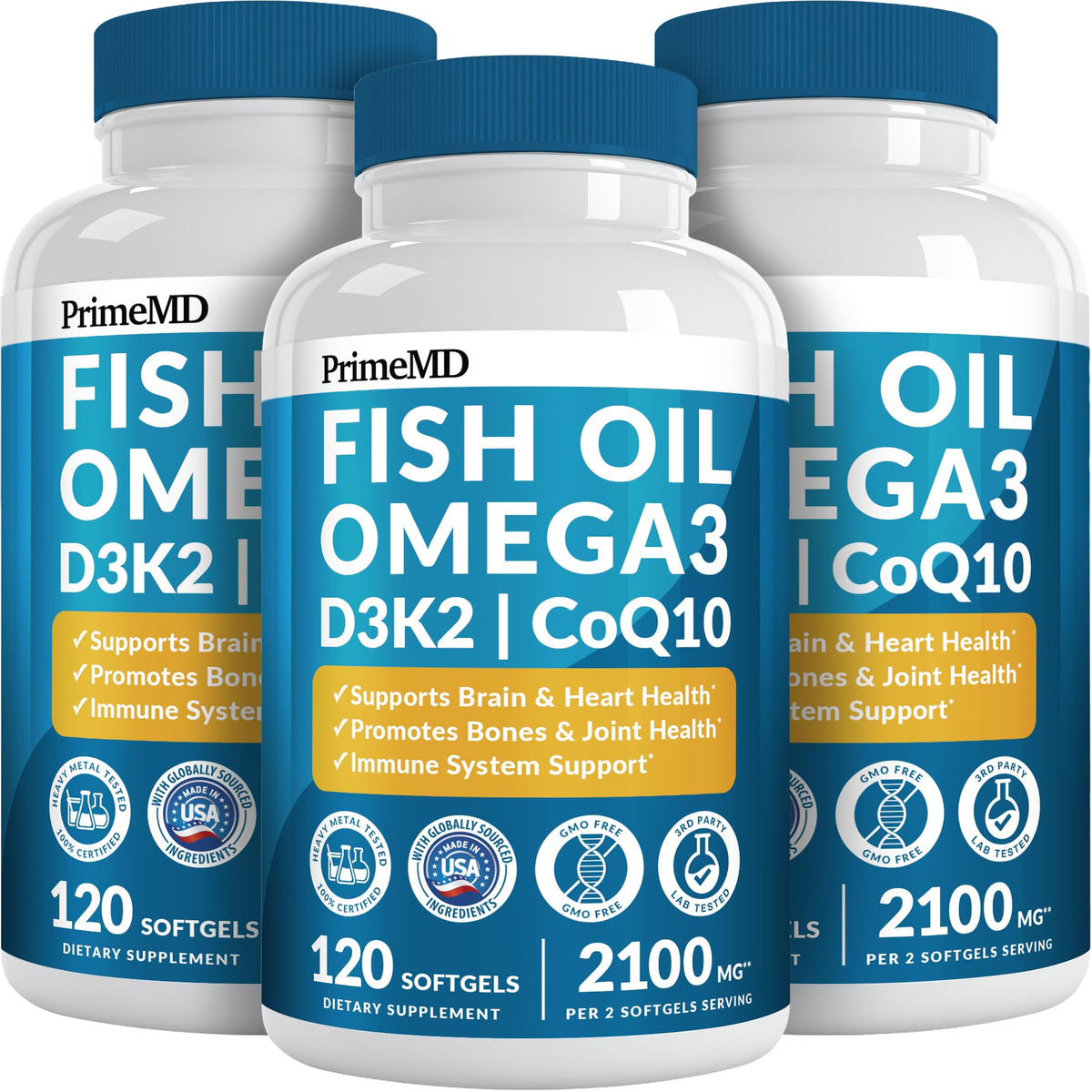 PrimeMD 5-in-1 fish oil bottle for daily wellness with lemon flavor