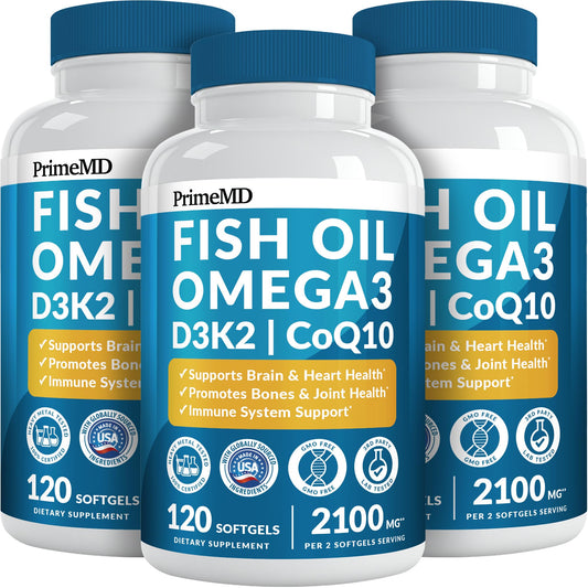 PrimeMD 5-in-1 fish oil bottle for daily wellness with lemon flavor