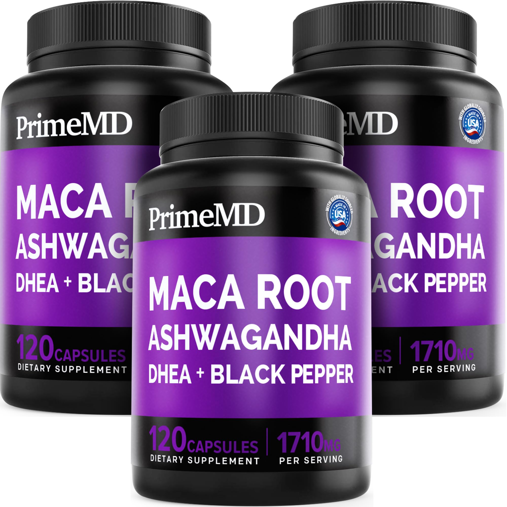 PrimeMD 6-in-1 maca-ashwagandha bottle supports daily energy and focus.