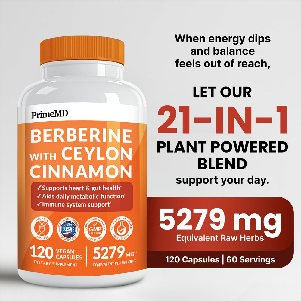 PrimeMD Berberine capsules close-up for daily energy support.