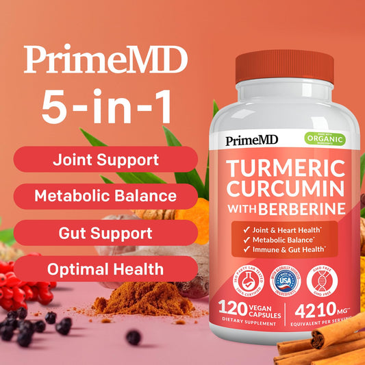 PrimeMD berberine capsules close-up highlighting organic ingredients for digestion support.