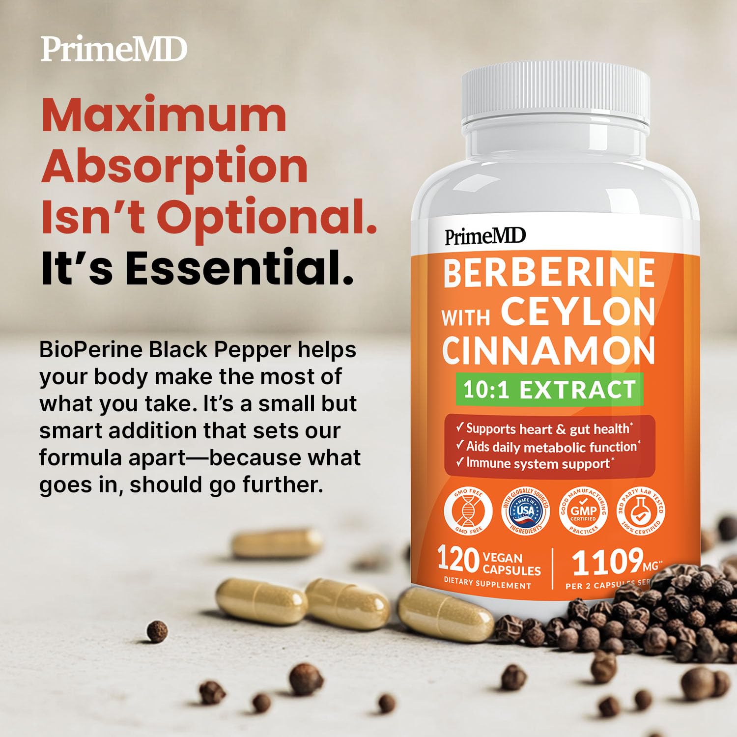 PrimeMD Berberine ingredient list graphic communicates the 21-in-1 formula.