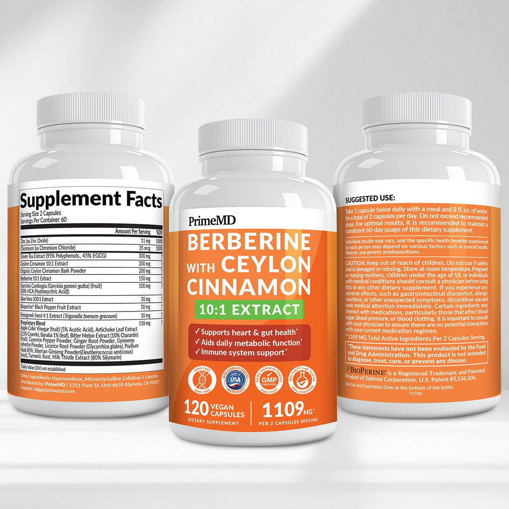 PrimeMD Berberine bottle nutrition facts label for quick reference.