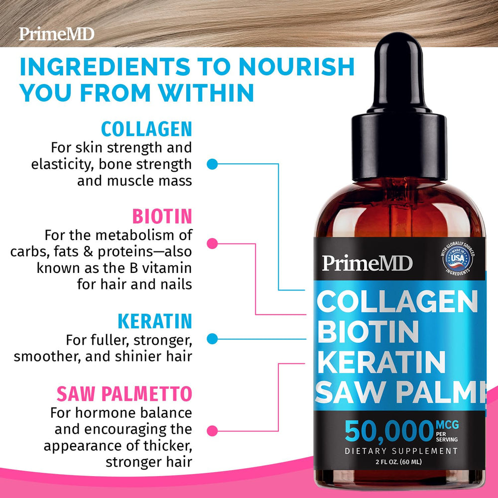 PrimeMD Biotin serum dropper ready for daily routine to support vitality.