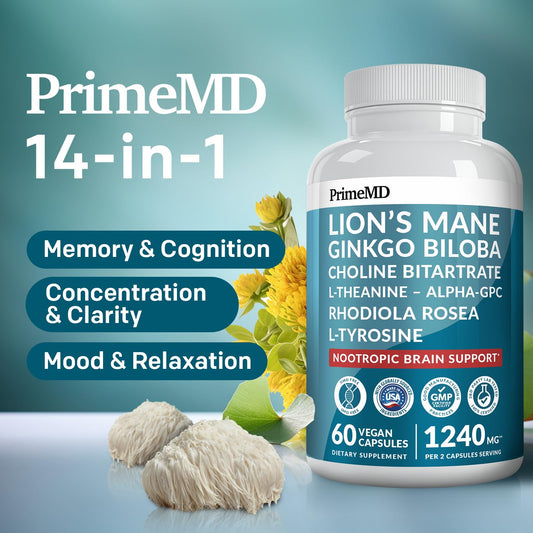 PrimeMD brain-support capsules with Ginkgo Biloba beside a notebook for focused study.
