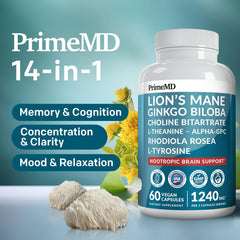 PrimeMD brain-support capsules with Ginkgo Biloba beside a notebook for focused study.