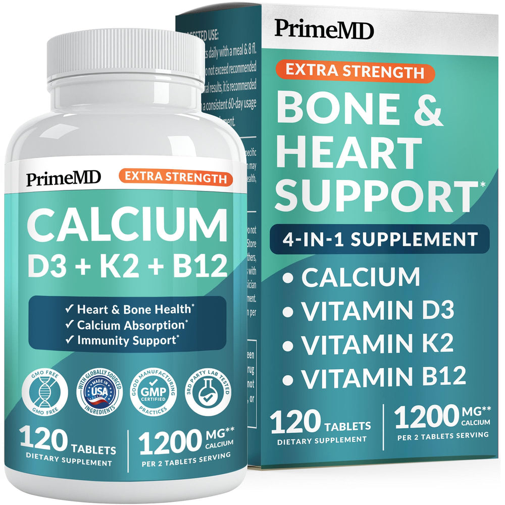 PrimeMD calcium 1200 mg bottle front view showing vegan formula for daily bone support