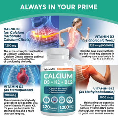 Product icons for D3 and K2 accompany PrimeMD calcium 1200 mg, hinting at balanced mineral delivery