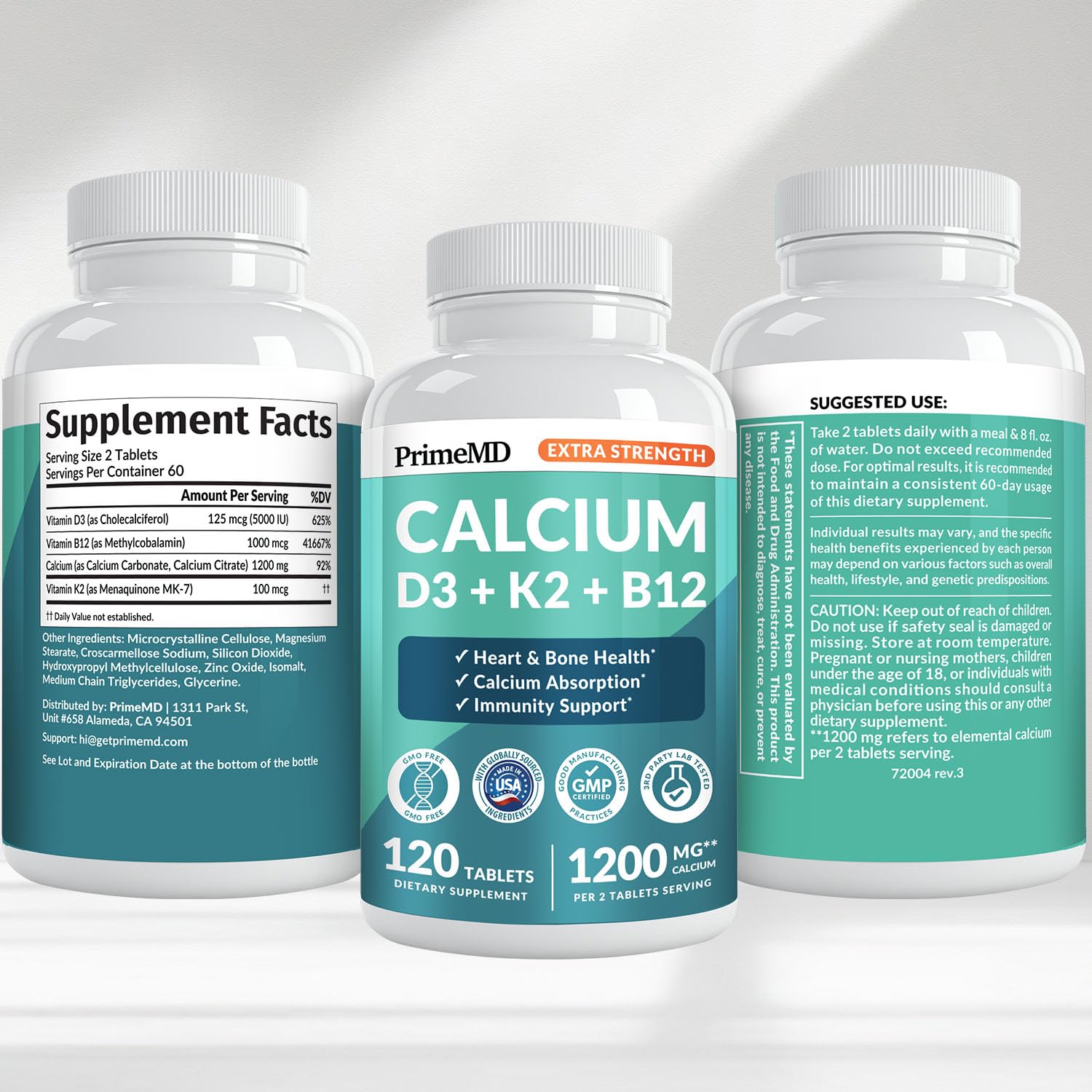 PrimeMD calcium 1200 mg tablet with glass of water, suggesting easy daily routine