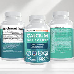PrimeMD calcium 1200 mg tablet with glass of water, suggesting easy daily routine