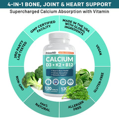 PrimeMD label close-up showing calcium 1200 mg with D3 and K2 for better mineral balance