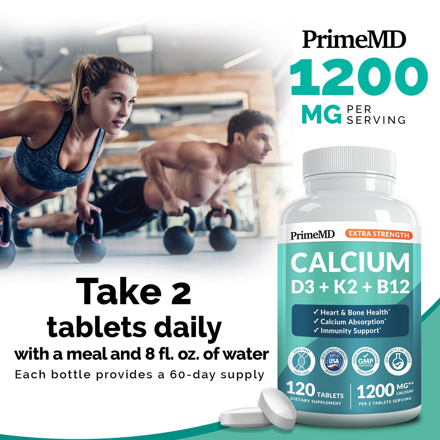 PrimeMD calcium 1200 mg packaging on countertop conveys trust for reliable daily mineral support