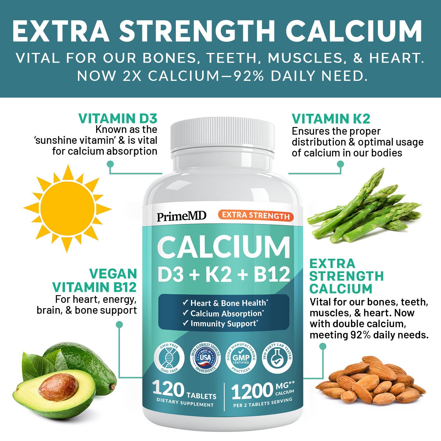 PrimeMD calcium 1200 mg tablets close-up, highlighting compact serving size for easy daily use and D3/K2 blend