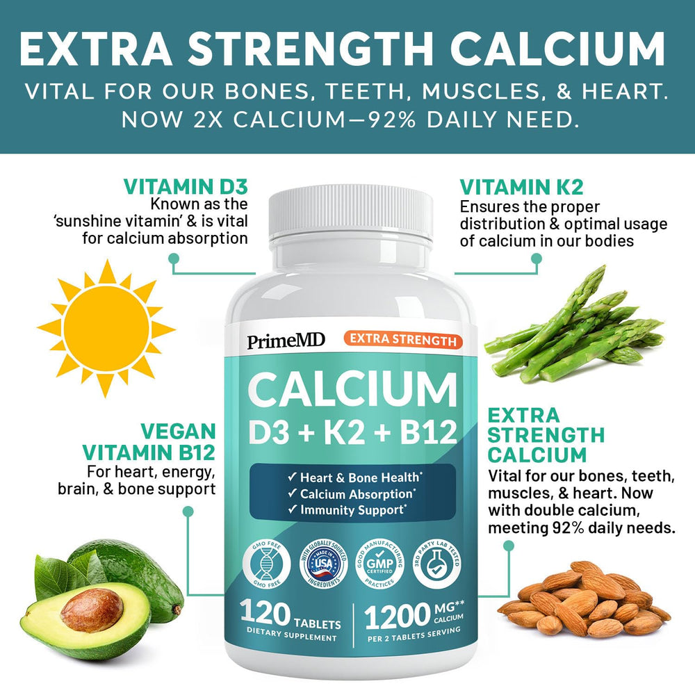 PrimeMD calcium 1200 mg tablets close-up, highlighting compact serving size for easy daily use and D3/K2 blend