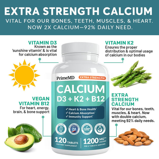 PrimeMD calcium 1200 mg tablets close-up, highlighting compact serving size for easy daily use and D3/K2 blend