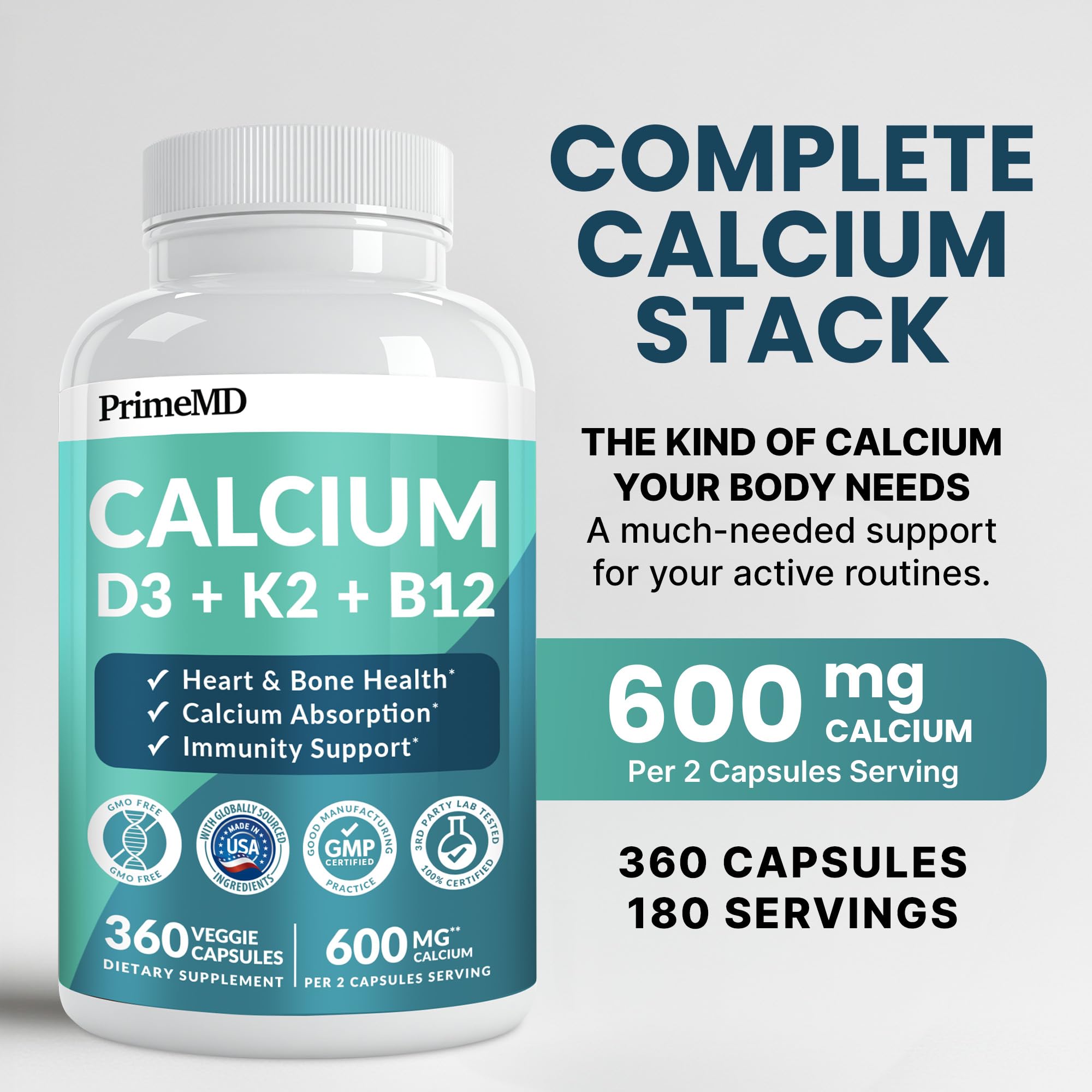 PrimeMD calcium bottle back-label detailing 601 mg calcium per serving with D3 and K2.