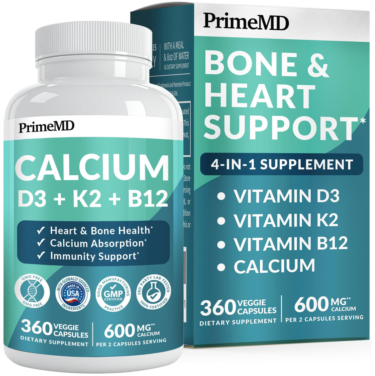 PrimeMD calcium bottle front view highlights vegan-friendly 360-count bone support.
