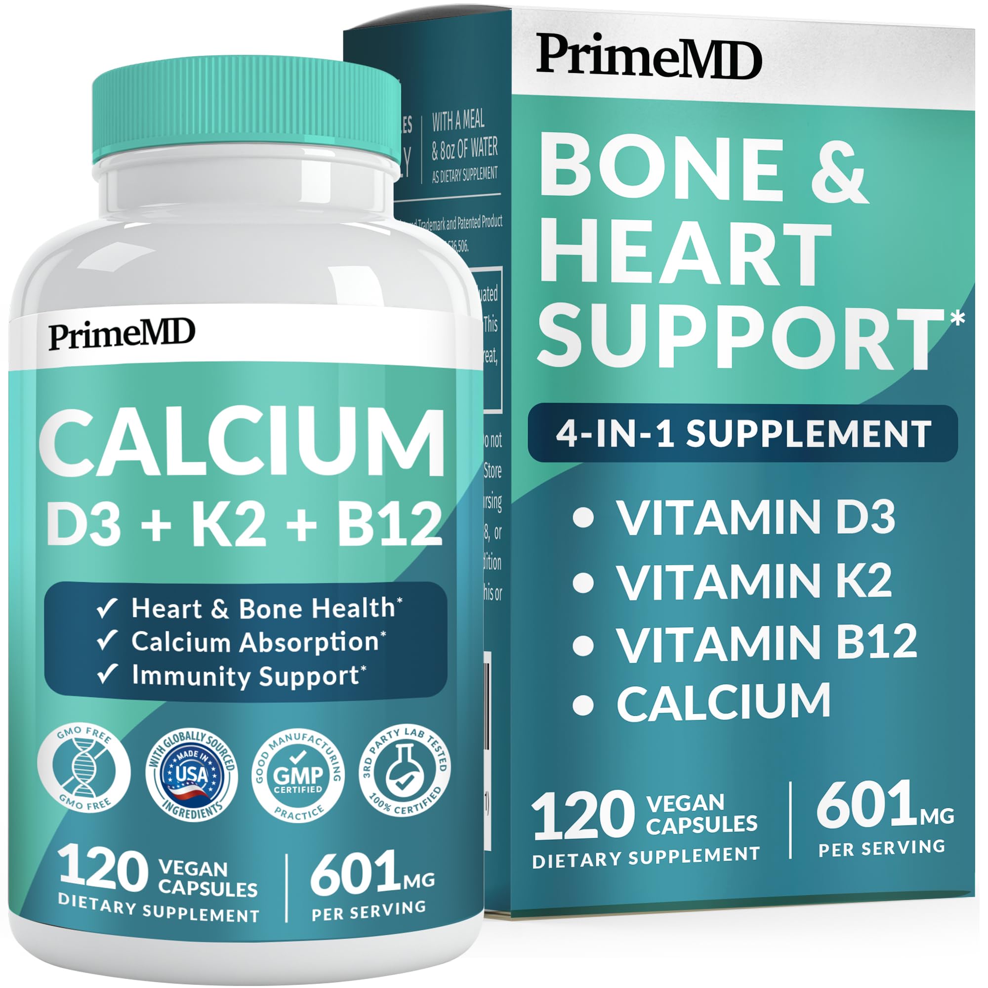 PrimeMD calcium with D3 and K2 bottle highlighting bone and heart support