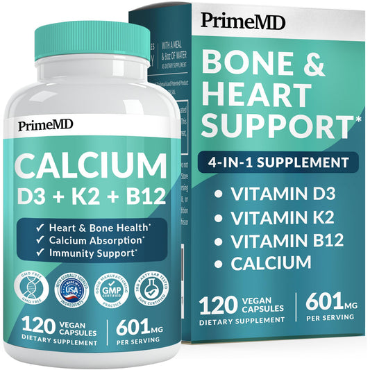 PrimeMD calcium with D3 and K2 bottle highlighting bone and heart support