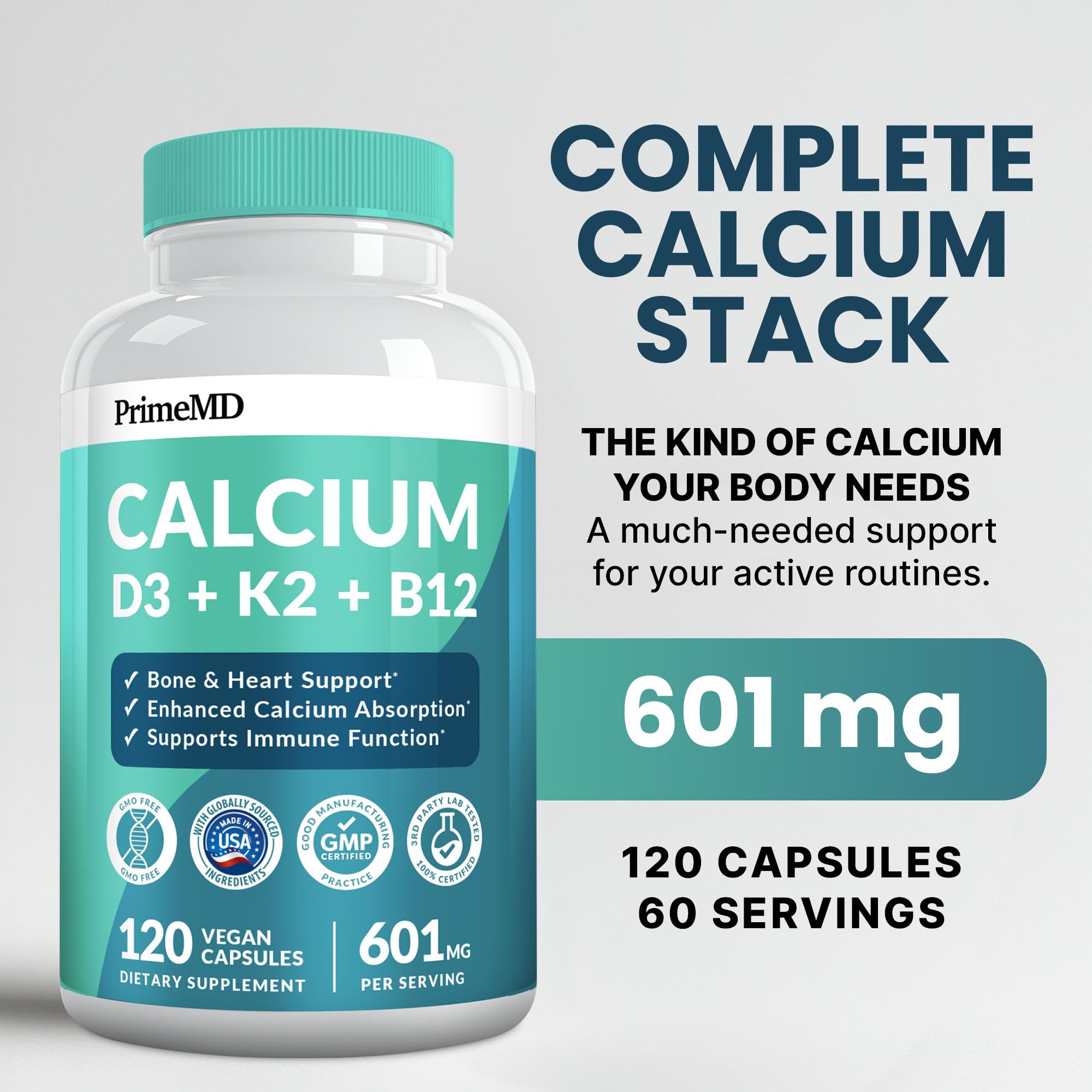 PrimeMD calcium D3 K2 label emphasizes vegan-friendly and gluten-free features