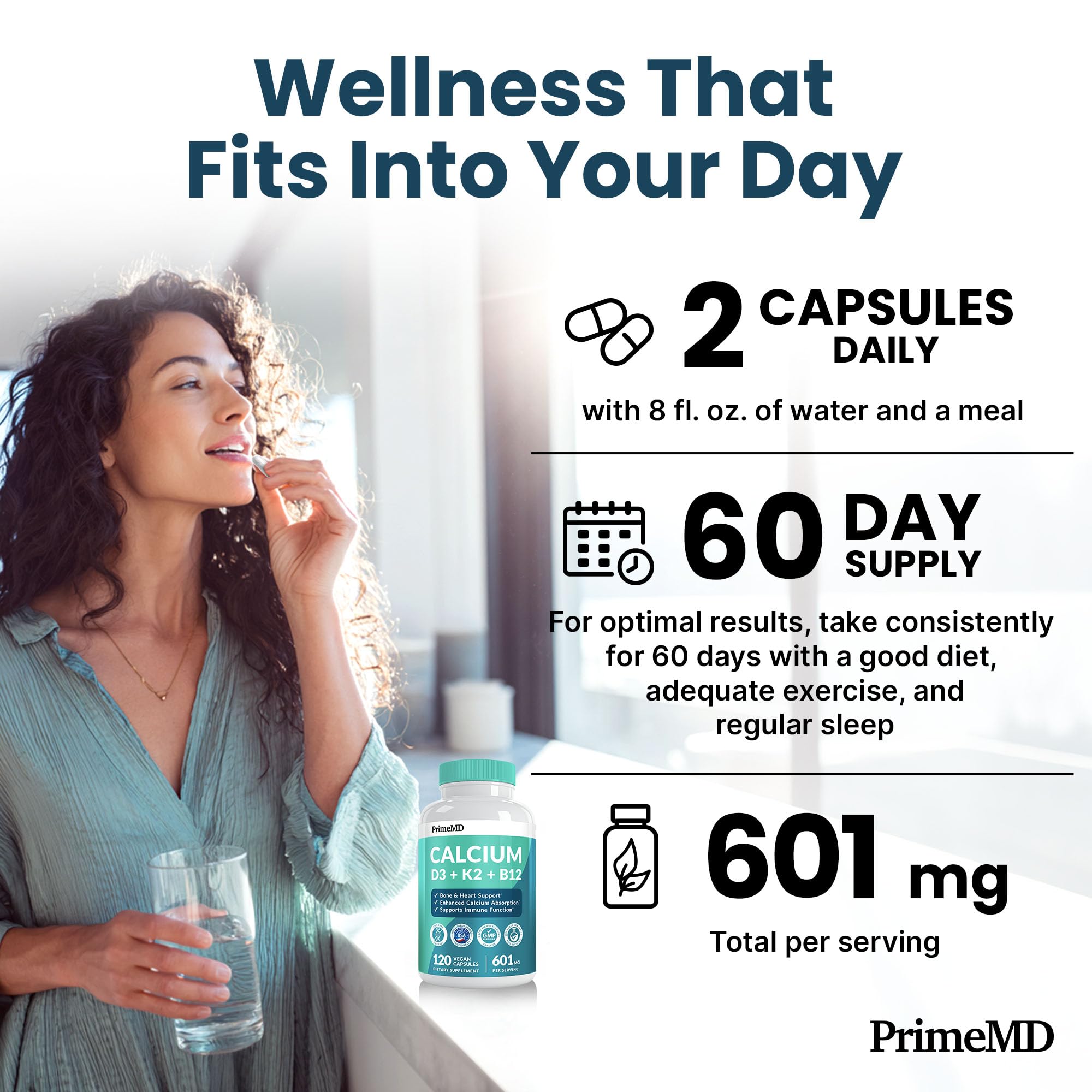 PrimeMD serving spoon beside capsules suggests easy daily intake