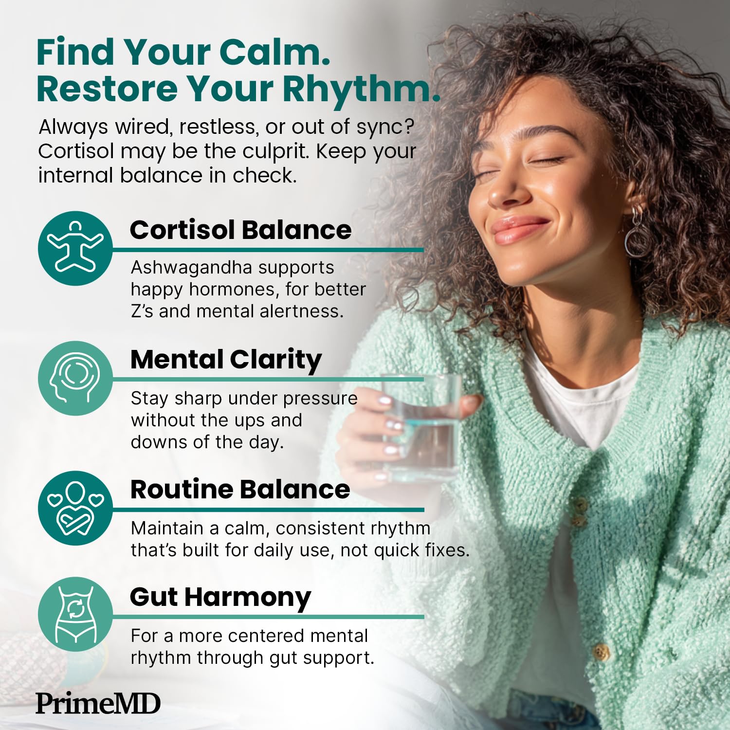 PrimeMD calm-focus capsules shown in a morning routine.