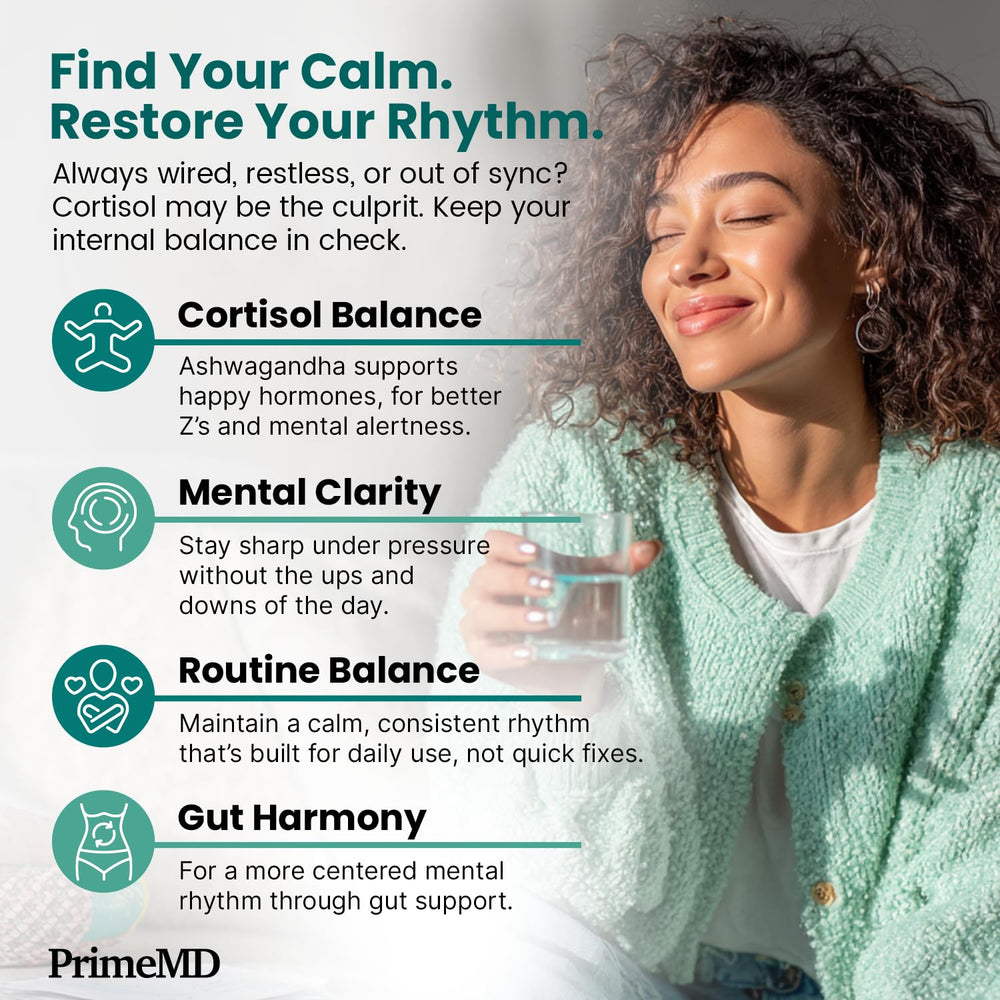 PrimeMD calm-focus capsules shown in a morning routine.