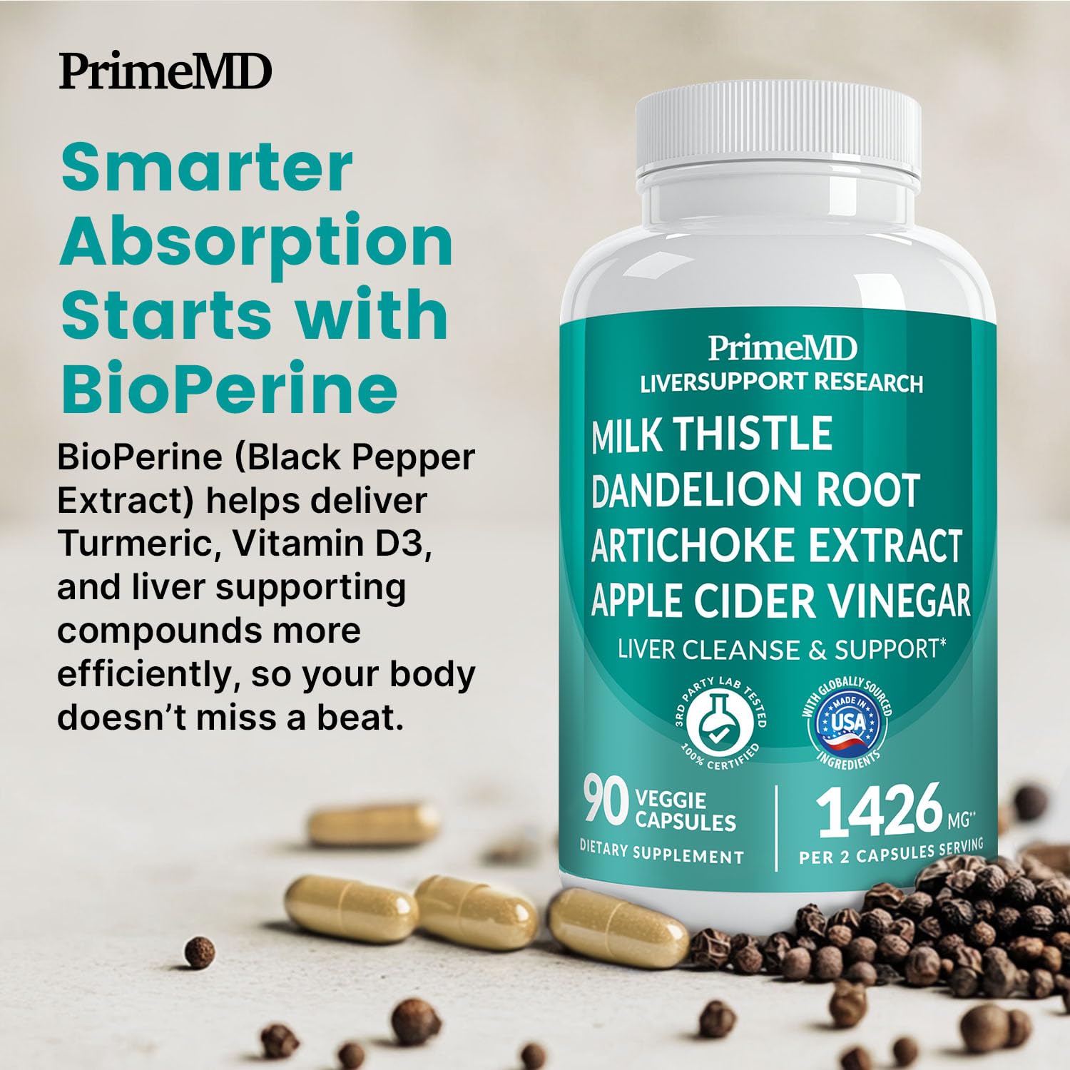 PrimeMD capsules on kitchen counter beside bottle for daily routine.