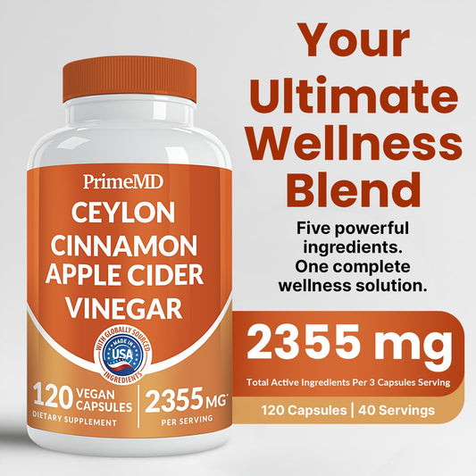 Close-up of PrimeMD cinnamon capsules highlighting easy daily dosing.