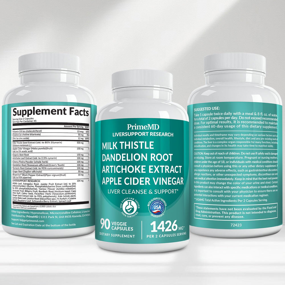 PrimeMD liver support label showing 32-in-1 formula and ingredients.