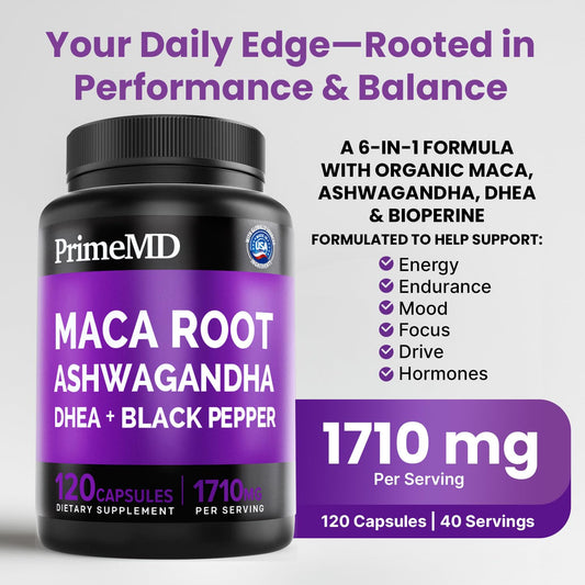 PrimeMD maca-ashwagandha capsules closeup highlights balance and vitality
