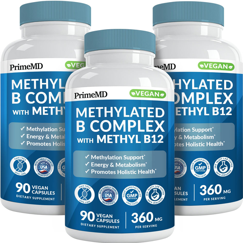 PrimeMD Methylated B Complex bottle with capsules for daily energy support.