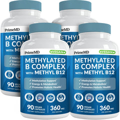 PrimeMD methylated B complex bottle with label highlighting bioavailable vitamins for energy support