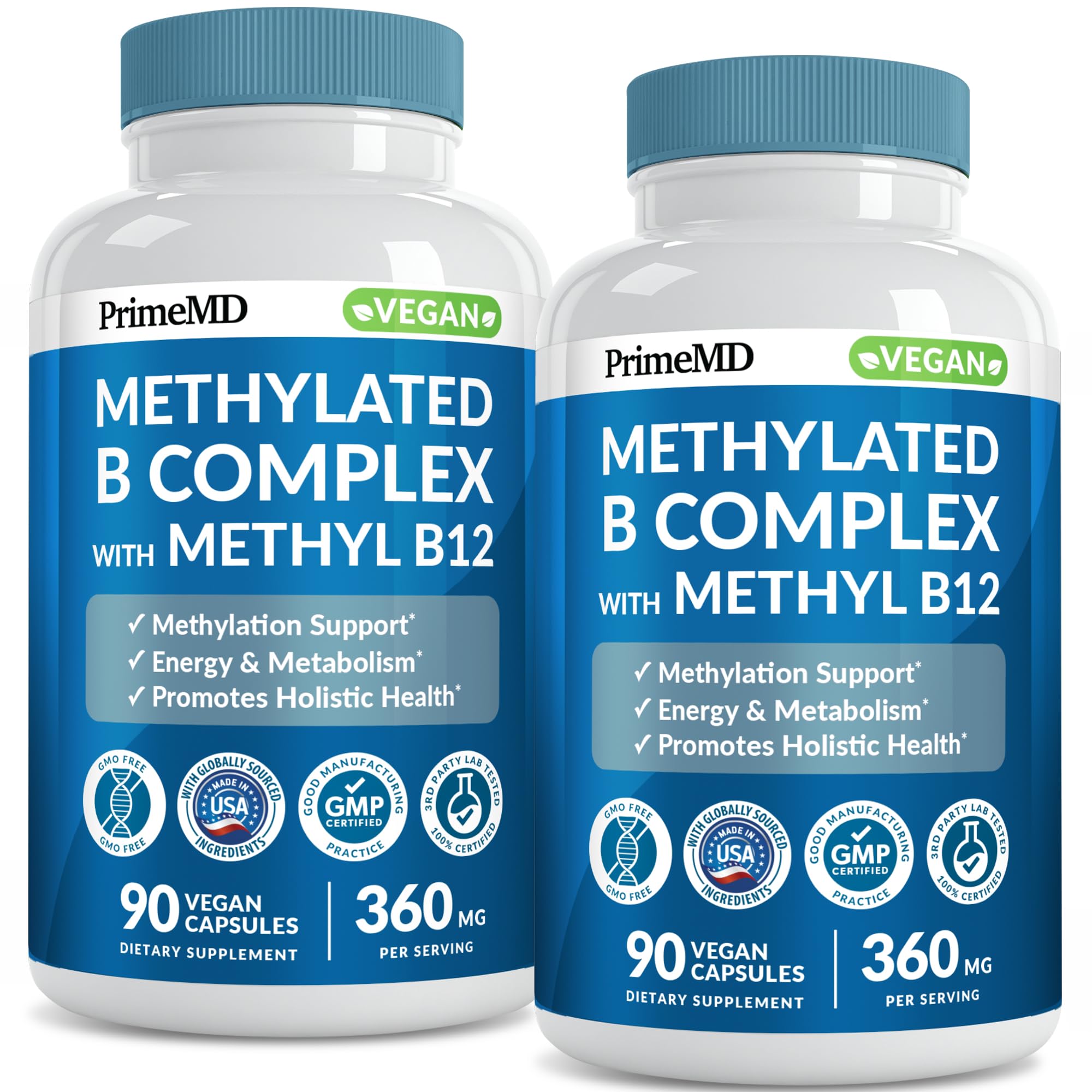 PrimeMD methylated B complex bottle on white background for daily energy