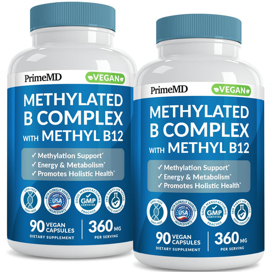 PrimeMD methylated B complex bottle on white background for daily energy