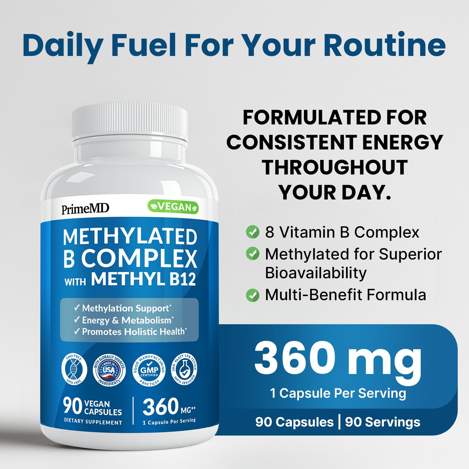 PrimeMD methylated B complex capsules arranged for daily energy support
