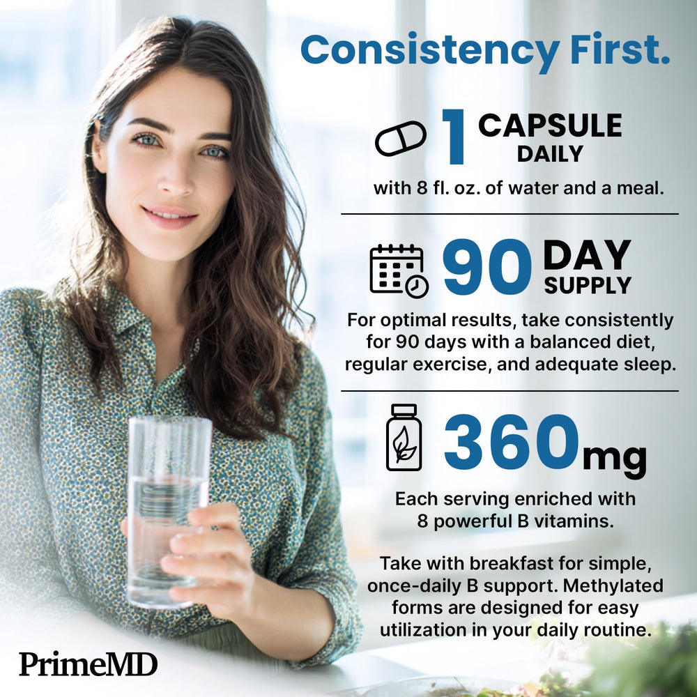 PrimeMD methylated B complex two bottles on kitchen counter for convenience