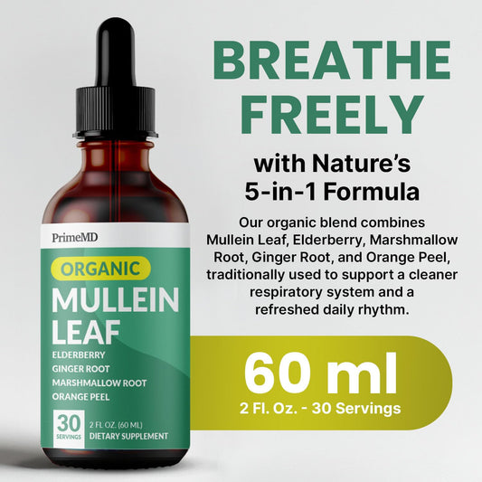 PrimeMD Mullein Drops label close-up highlights ingredients for daily wellness.