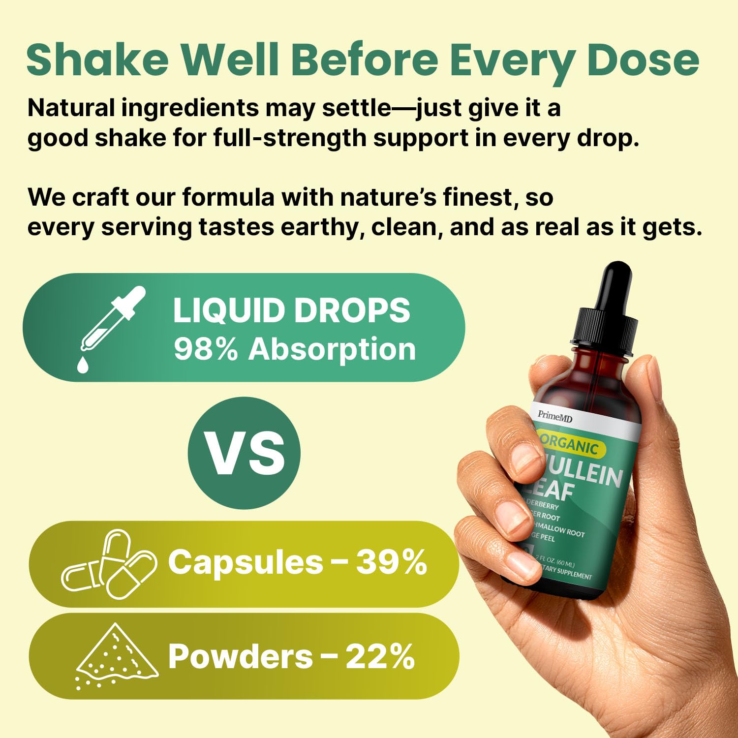 PrimeMD Mullein Drops served with water for quick, convenient dosing.